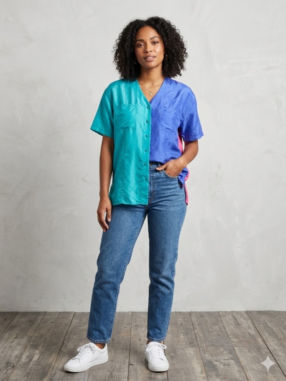 Vintage 90s Silk Color-Block Button-Down Shirt Blue,Teal, And Pink. Retro Size L